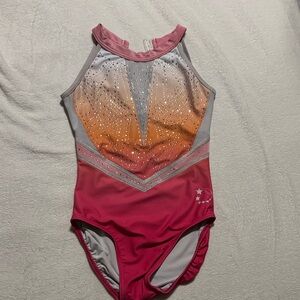 Kids Pink & Orange Gradient Gymnastics Leotard with Rhinestones
